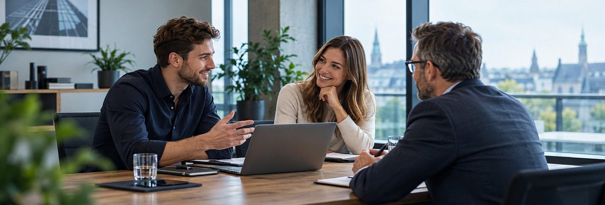 Drei Personen besprechen sich am Tisch vor einem Laptop