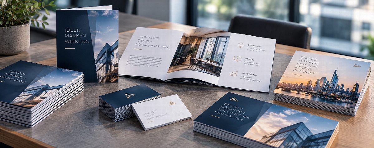 Gedruckte Broschüren, Flyer und Visitenkarten auf einem Tisch