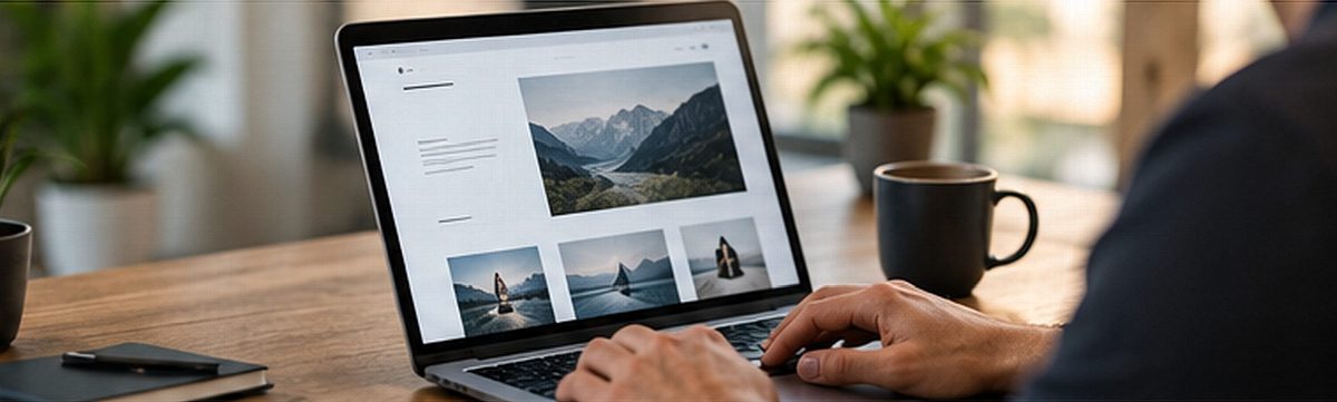 Hände tippen auf einem Laptop mit geöffneter Website